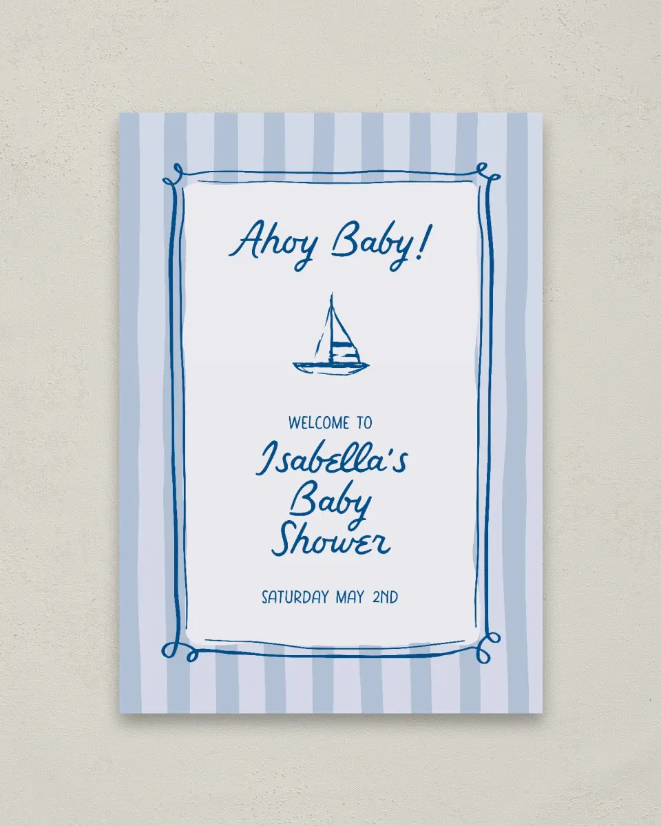 This is a 20" x 28" Welcome Baby Shower Sign called Ahoy Baby printed in full color with Rose Gold foil