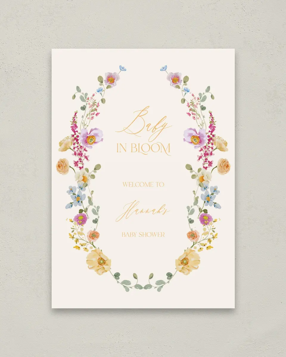 This is a 20" x 28" Welcome Baby Shower Sign called Colorful Blooms printed in full color with Silver foil