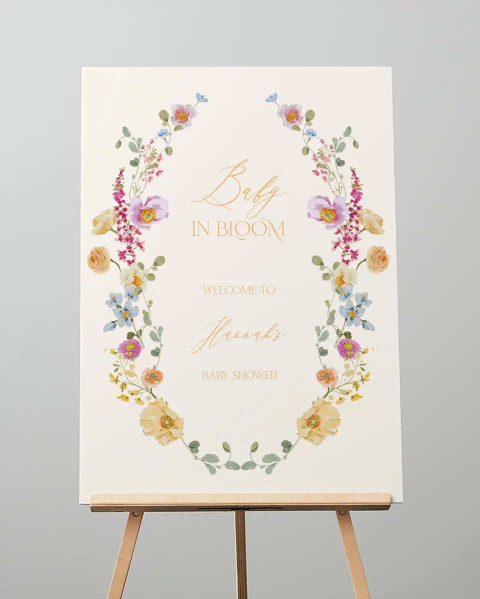 This is a 20" x 28" Welcome Baby Shower Sign called Colorful Blooms printed in full color with Gold foil