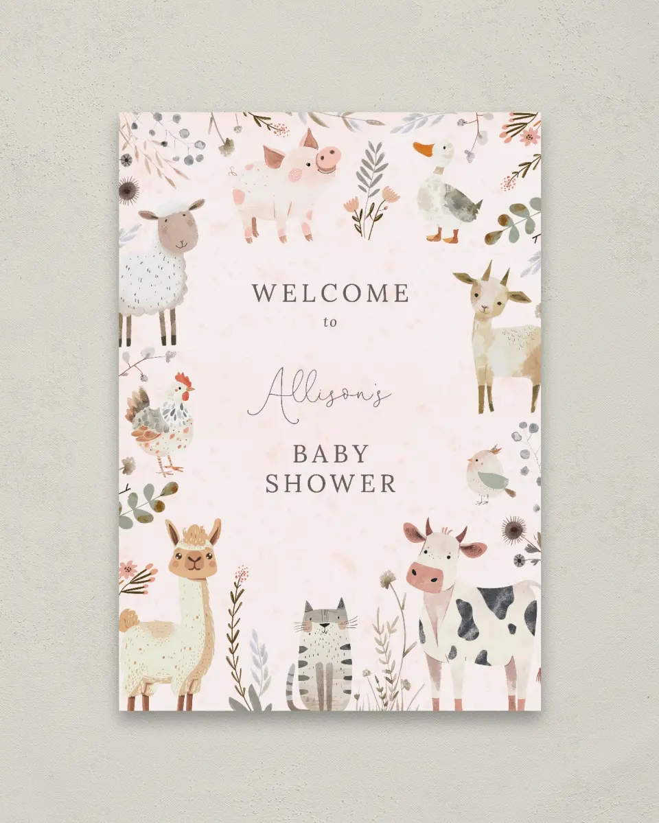 This is a 20" x 28" Welcome Baby Shower Sign called Barnyard Baby printed in full color