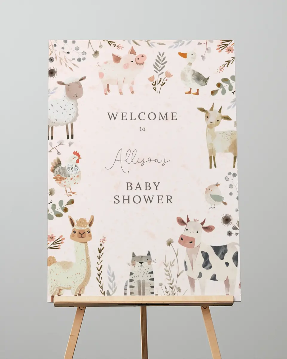 This is a 20" x 28" Welcome Baby Shower Sign called Barnyard Baby printed in full color