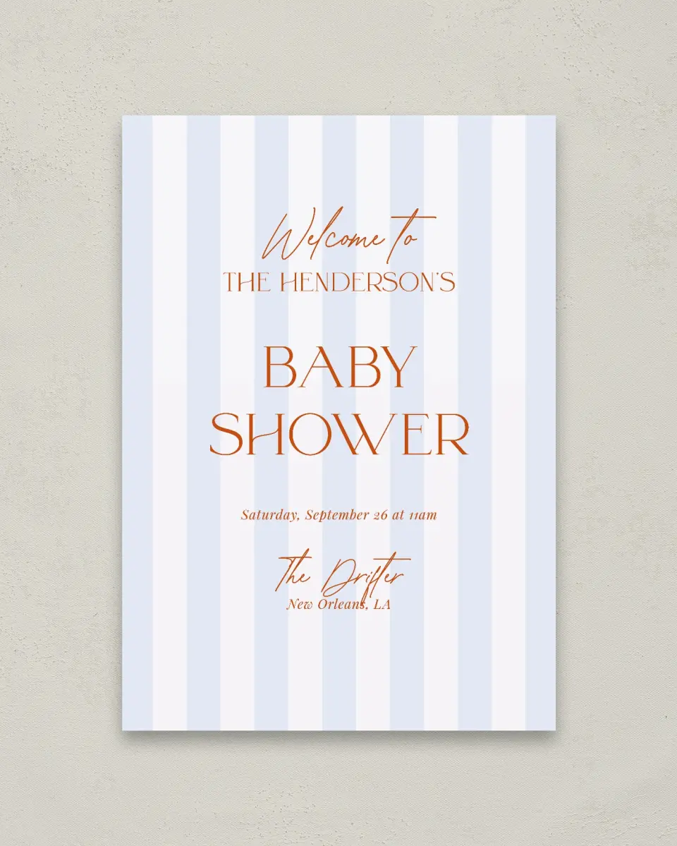 This is a 20" x 28" Welcome Baby Shower Sign called Sweet Stripes printed in full color with Silver foil