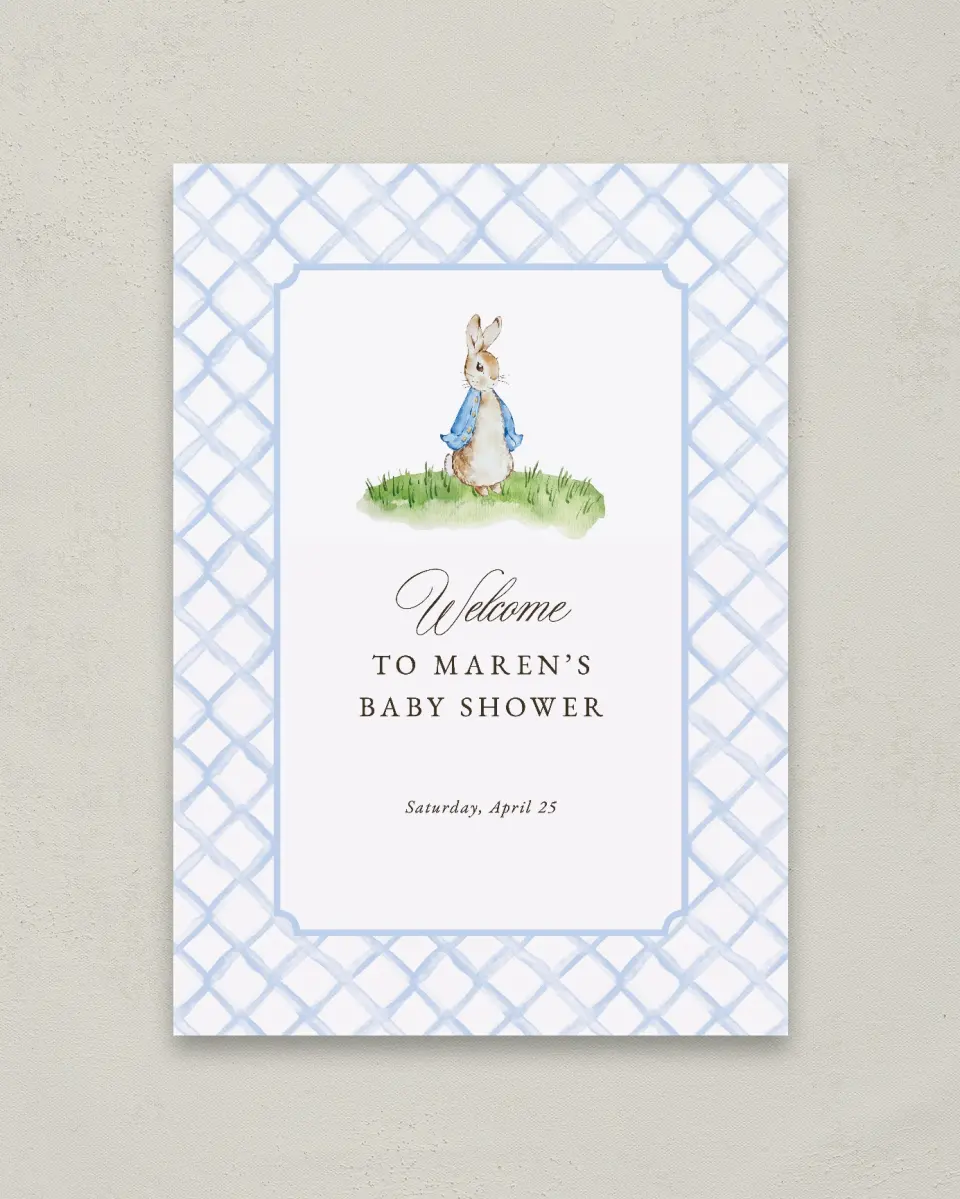 This is a 20" x 28" Welcome Baby Shower Sign called Cotton Tale printed in full color with Rose Gold foil