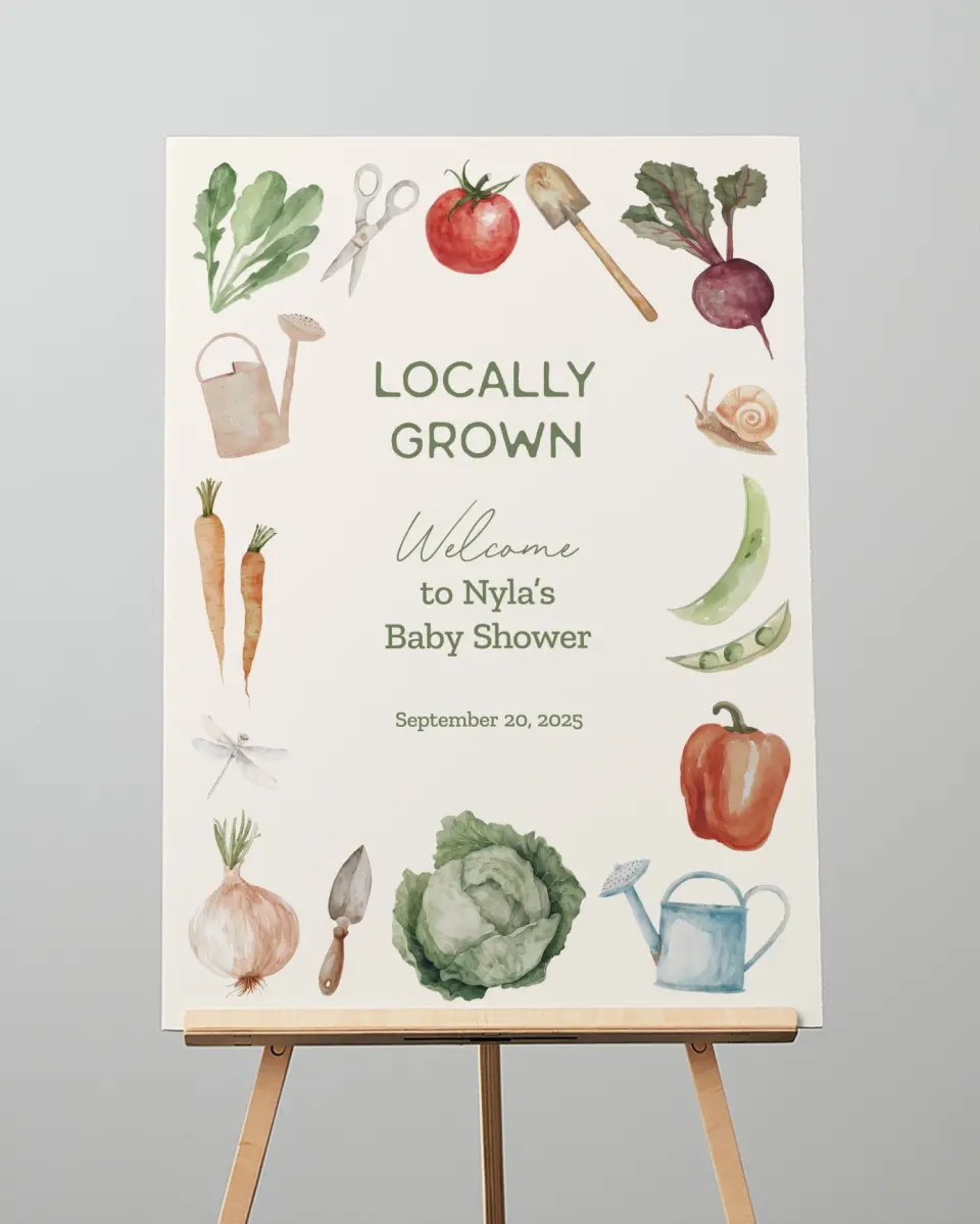 This is a 20" x 28" Welcome Baby Shower Sign called Locally Grown printed in full color