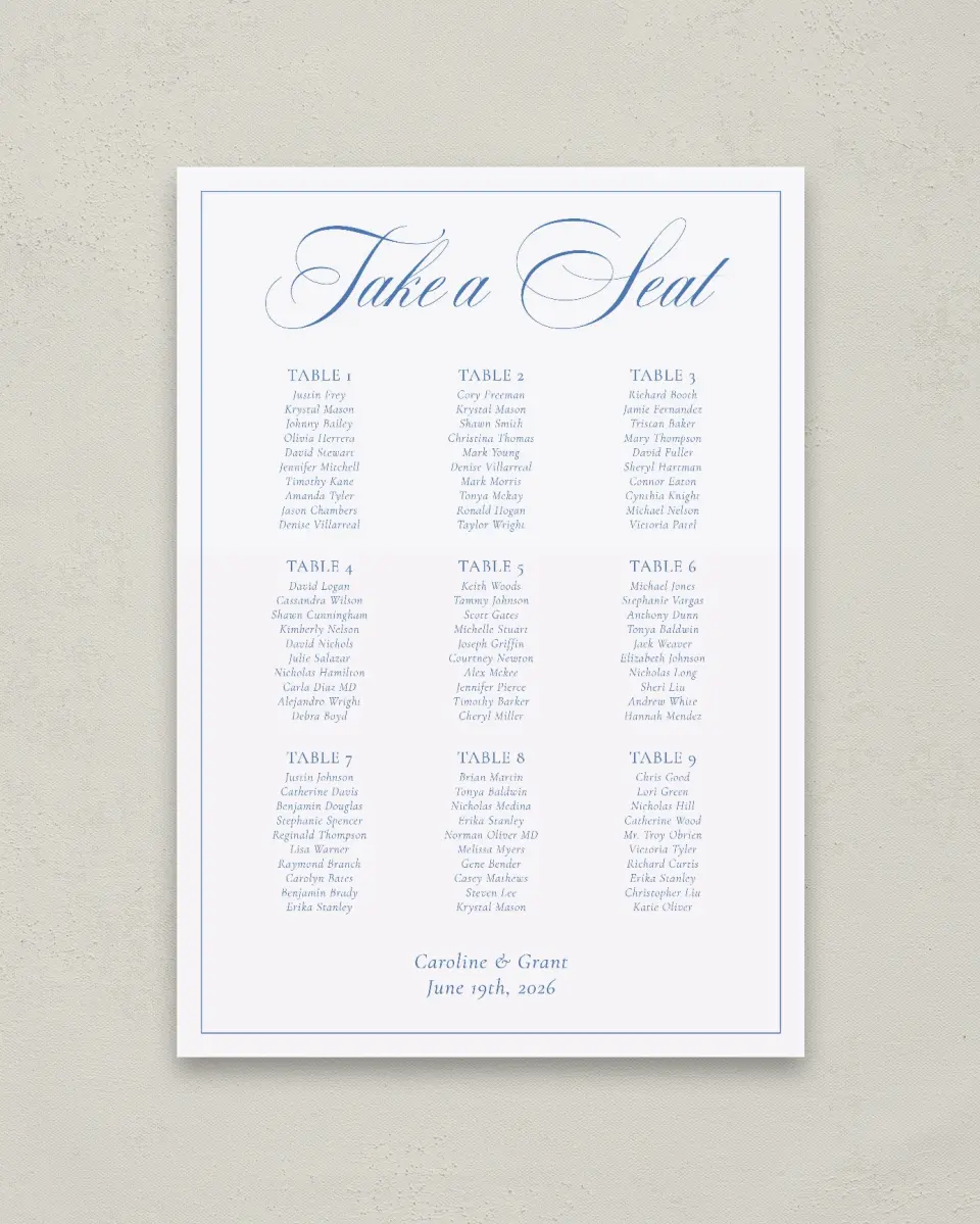 This is a 20" x 28" Seating Chart Sign called Bradley printed in full color
