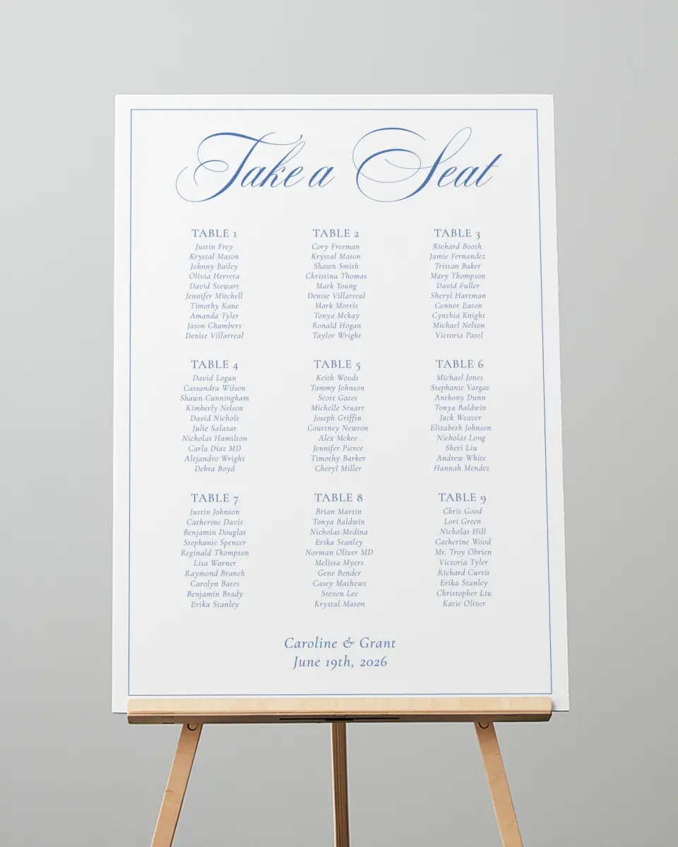 This is a 20" x 28" Seating Chart Sign called Bradley printed in full color