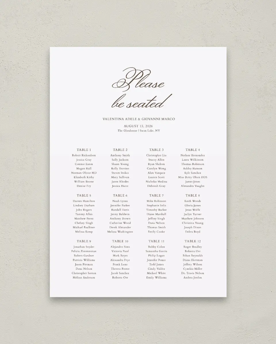 This is a 20" x 28" Seating Chart Sign called Holloway printed in full color