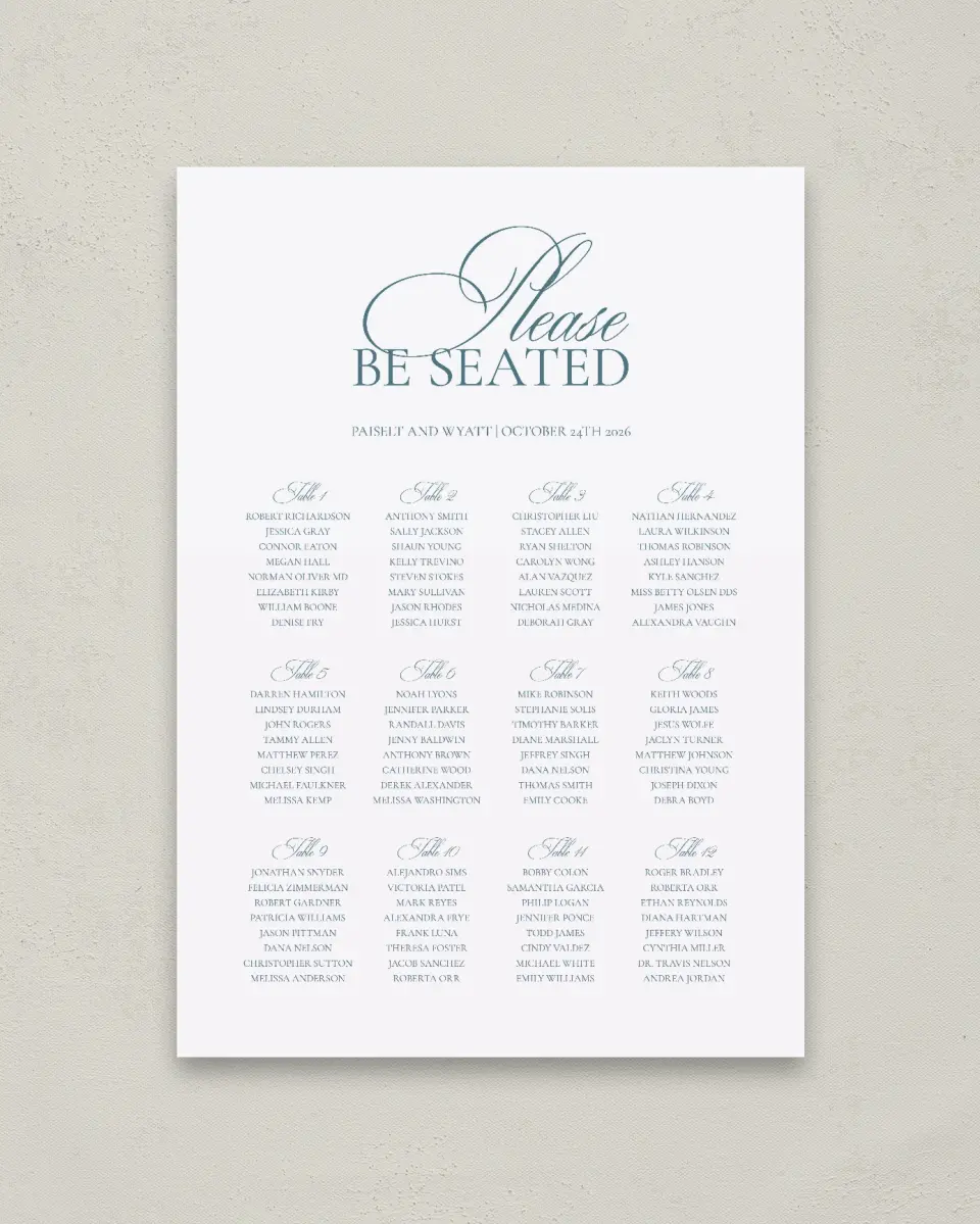 This is a 20" x 28" Seating Chart Sign called Kensington printed in full color