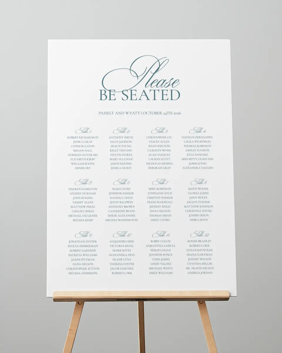 This is a 20" x 28" Seating Chart Sign called Kensington printed in full color