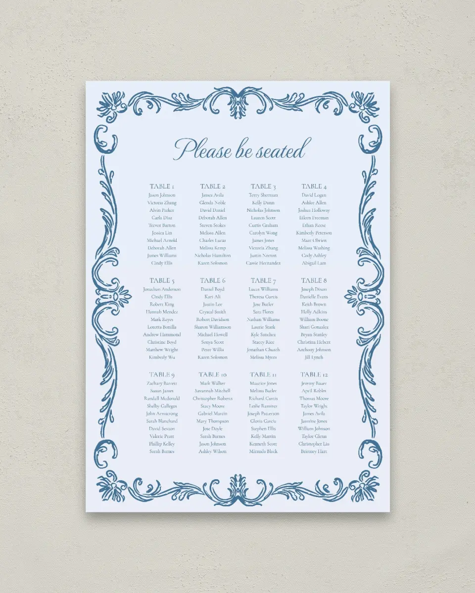 This is a 20" x 28" Seating Chart Sign called Nantucket printed in full color with Silver foil
