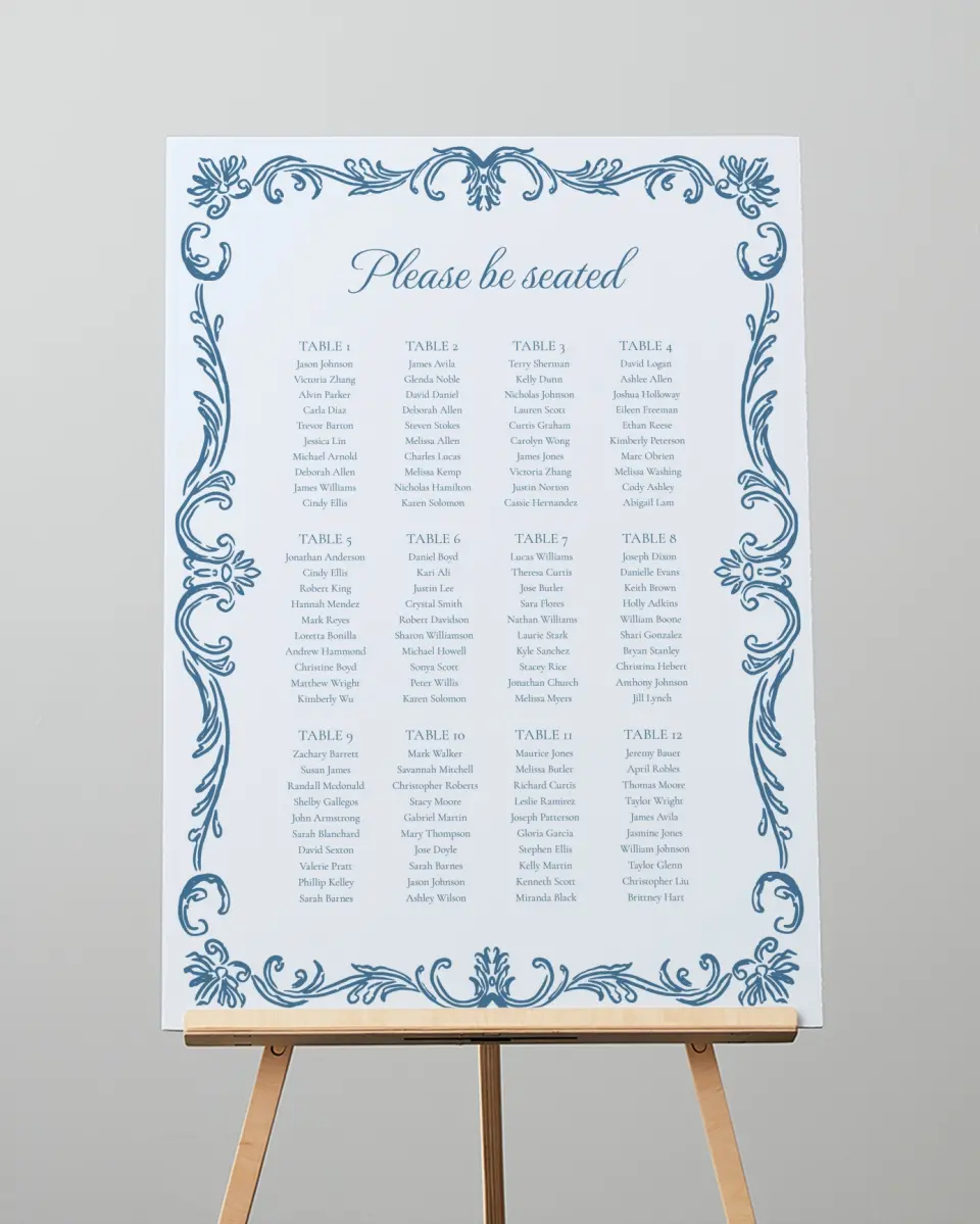 This is a 20" x 28" Seating Chart Sign called Nantucket printed in full color