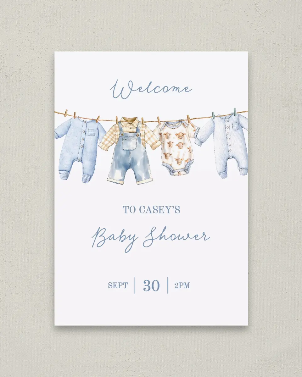 This is a 20" x 28" Welcome Baby Shower Sign called Country Clothesline printed in full color with Rose Gold foil