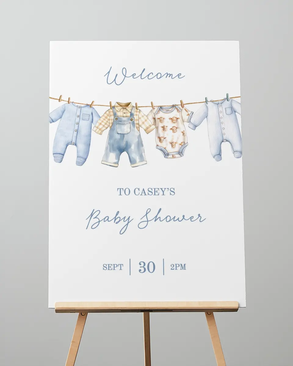 This is a 20" x 28" Welcome Baby Shower Sign called Country Clothesline printed in full color