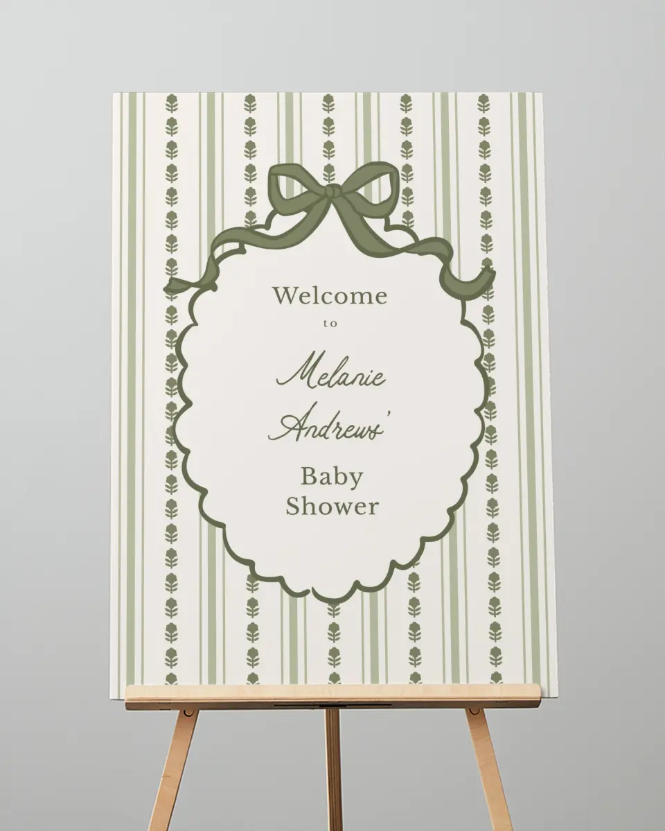 This is a 20" x 28" Welcome Baby Shower Sign called Coquette Darling printed in full color with Gold foil
