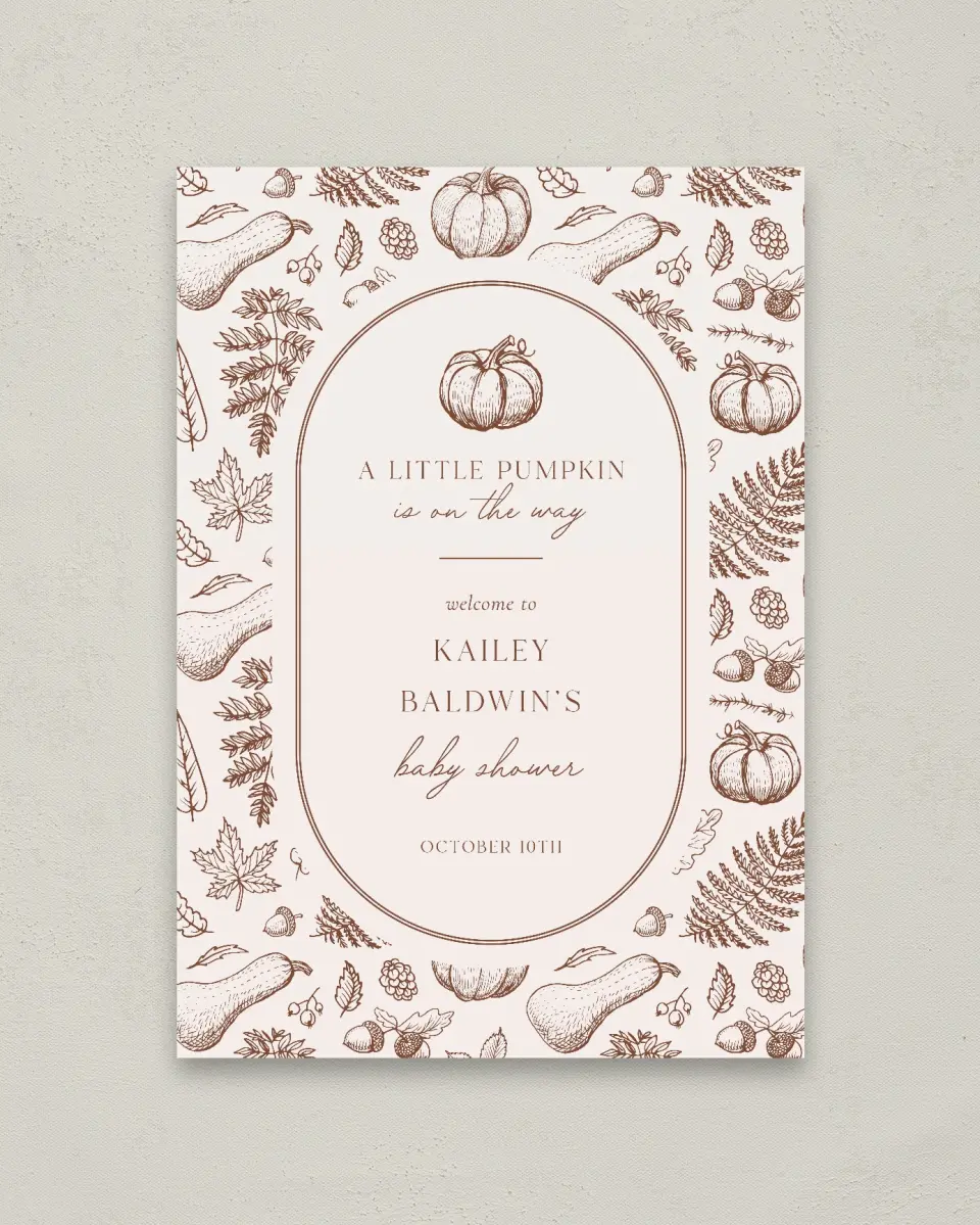 This is a 20" x 28" Welcome Baby Shower Sign called Precious Pumpkin printed in full color