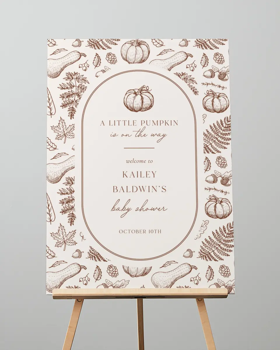 This is a 20" x 28" Welcome Baby Shower Sign called Precious Pumpkin printed in full color