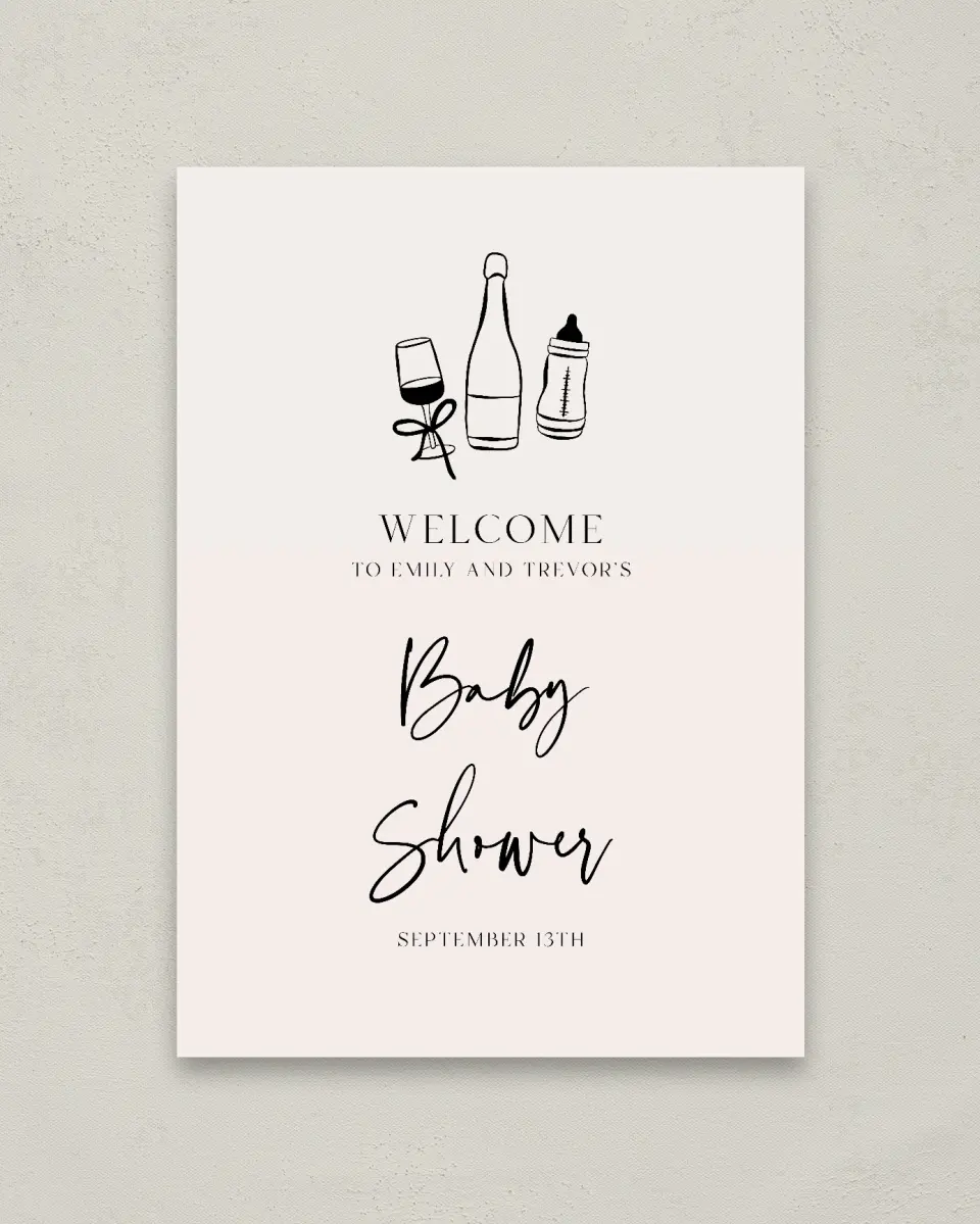 This is a 20" x 28" Welcome Baby Shower Sign called Sip & See printed in full color