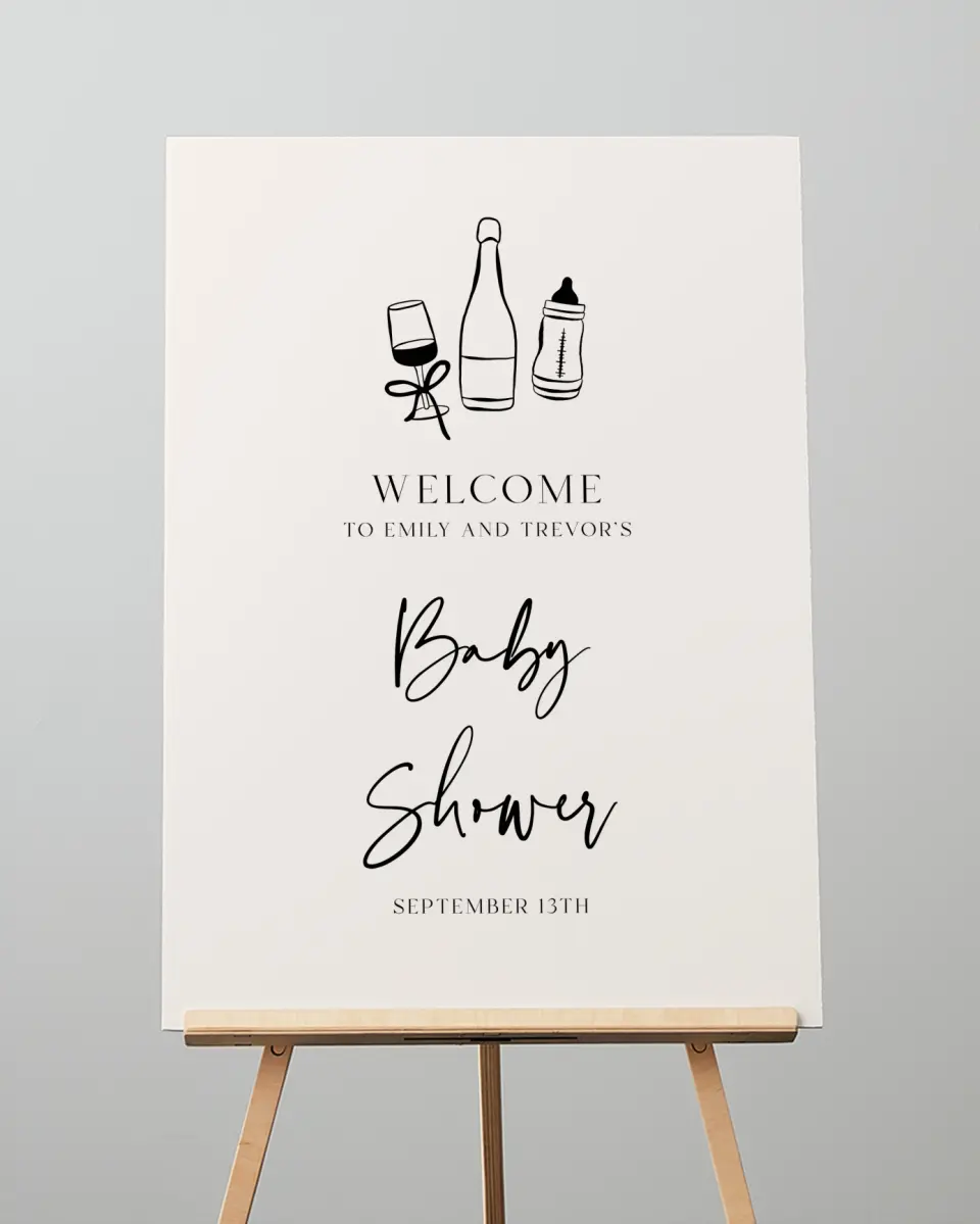 This is a 20" x 28" Welcome Baby Shower Sign called Sip & See printed in full color