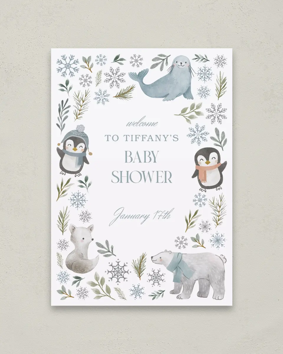 This is a 20" x 28" Welcome Baby Shower Sign called Arctic Animals printed in full color