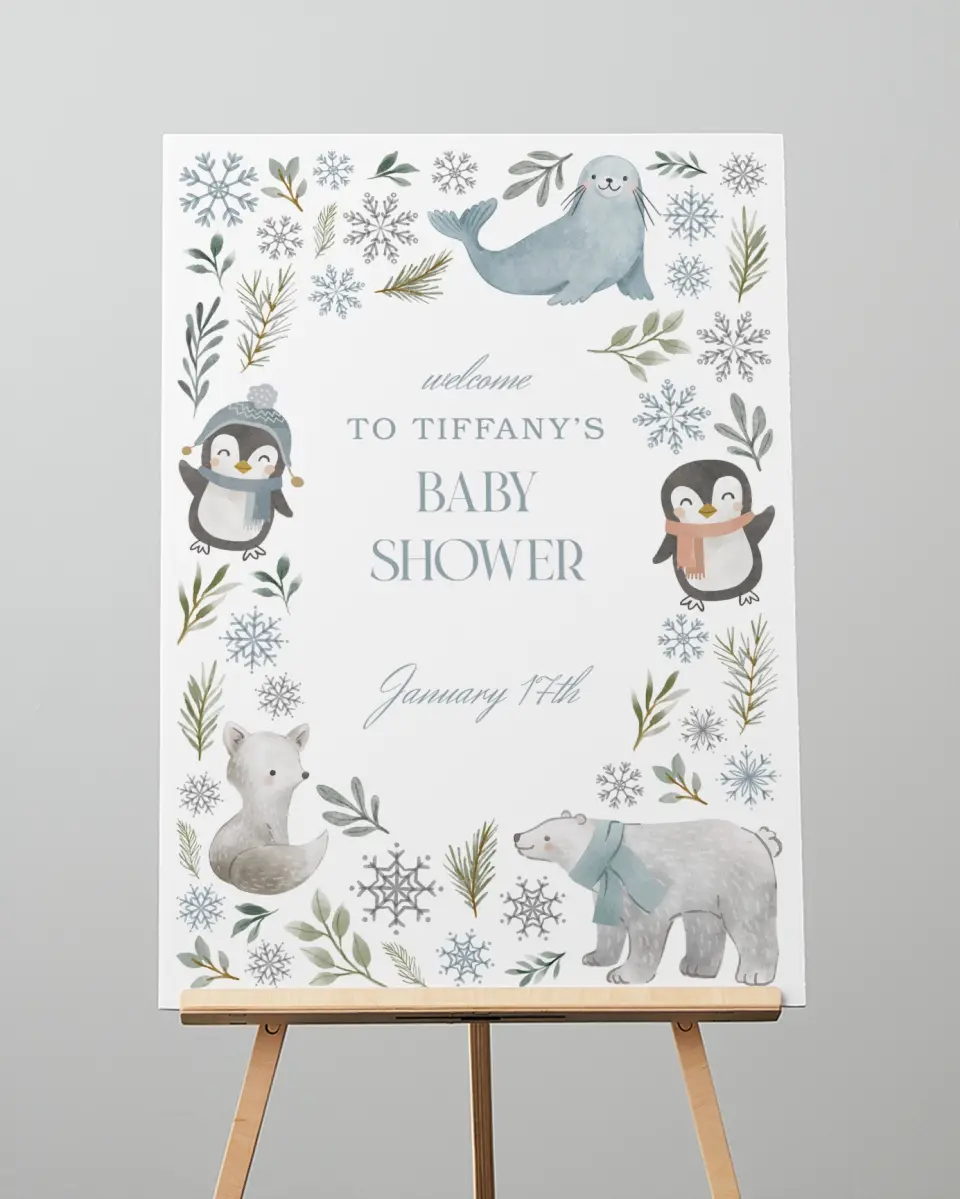This is a 20" x 28" Welcome Baby Shower Sign called Arctic Animals printed in full color