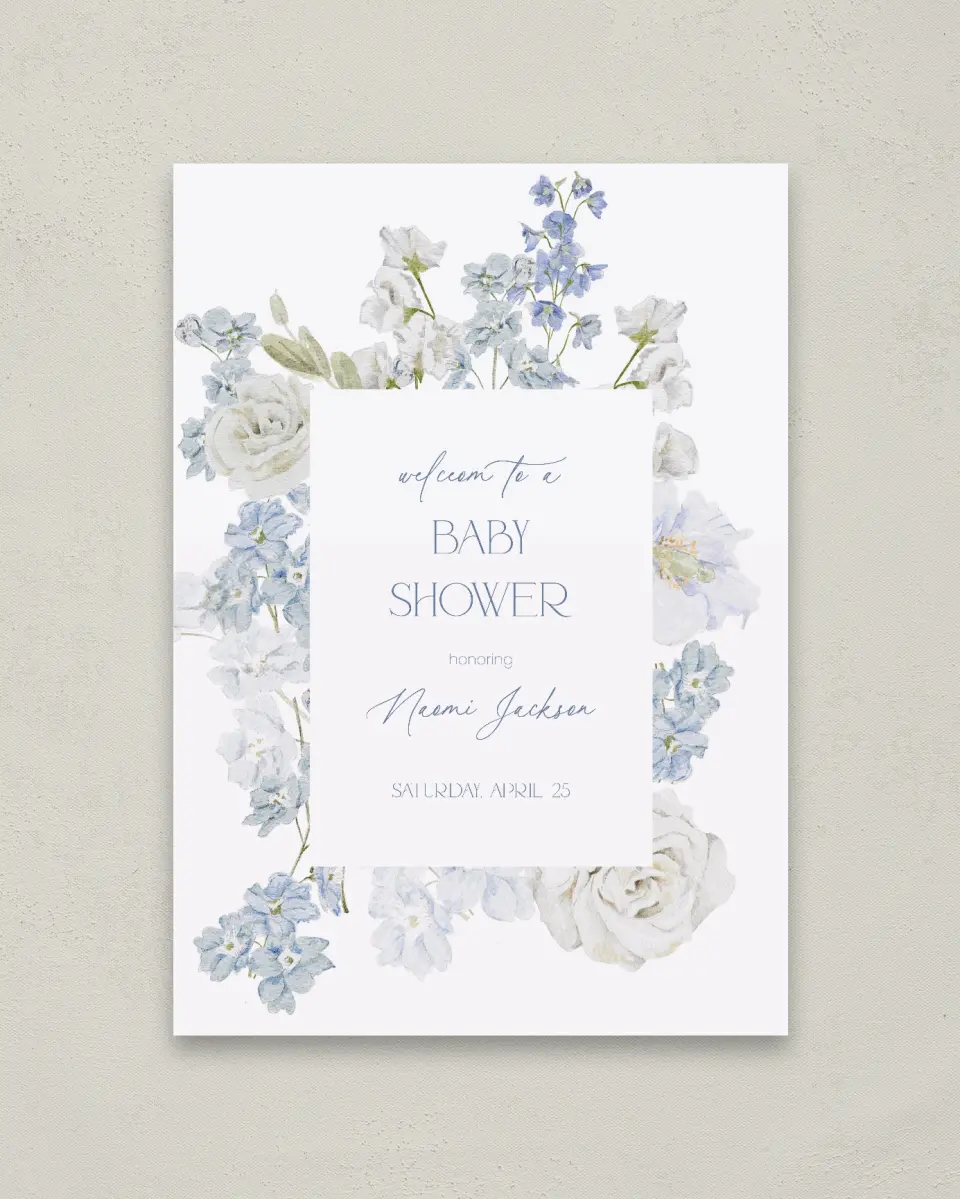 This is a 20" x 28" Welcome Baby Shower Sign called Darling Delphinium printed in full color with Gold foil