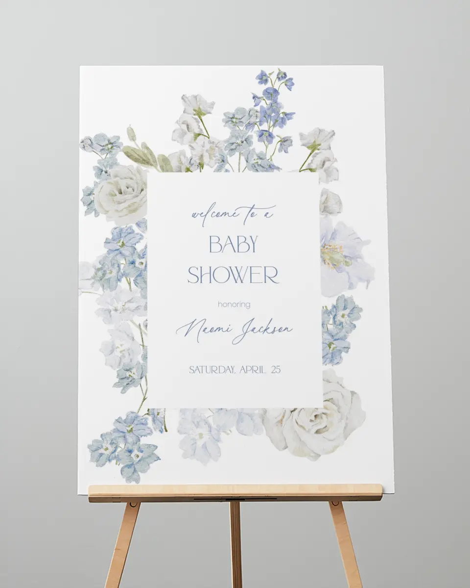 This is a 20" x 28" Welcome Baby Shower Sign called Darling Delphinium printed in full color