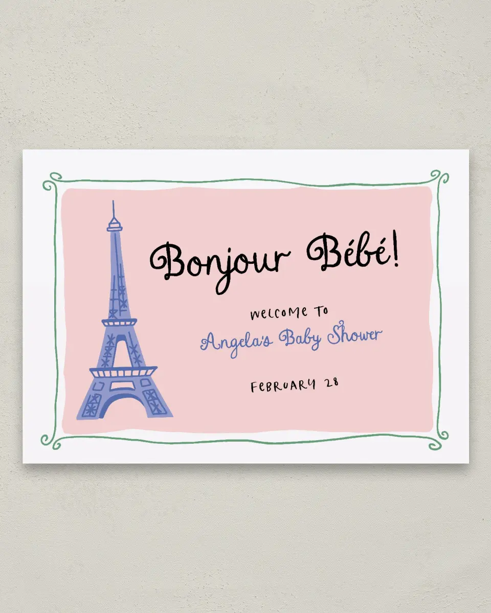 This is a 20" x 28" Welcome Baby Shower Sign called Bonjour Bebe printed in full color with Rose Gold foil
