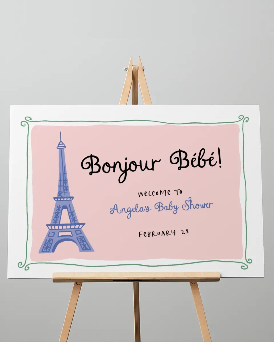 This is a 20" x 28" Welcome Baby Shower Sign called Bonjour Bebe printed in full color