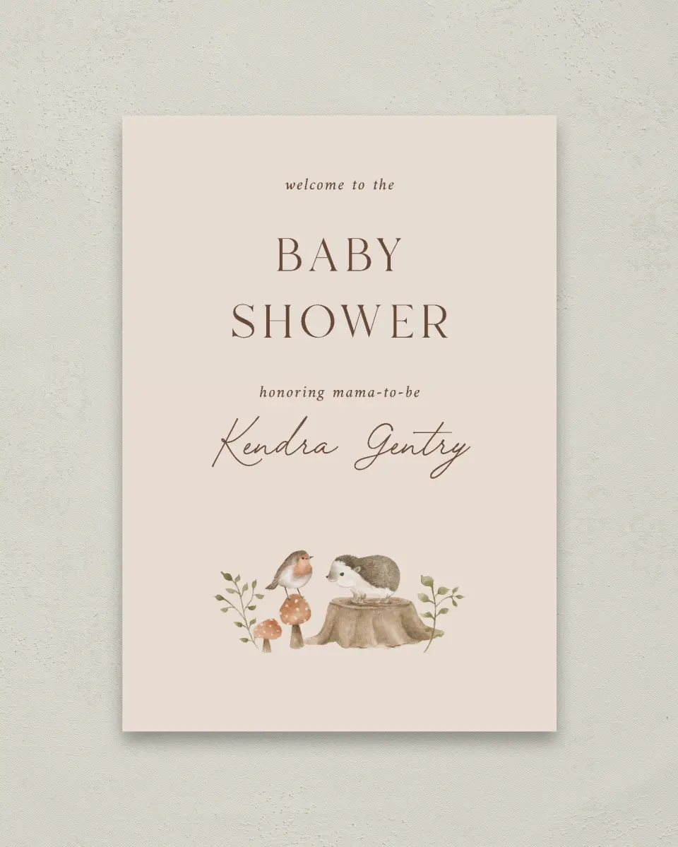 This is a 20" x 28" Welcome Baby Shower Sign called Enchanting Forest printed in full color
