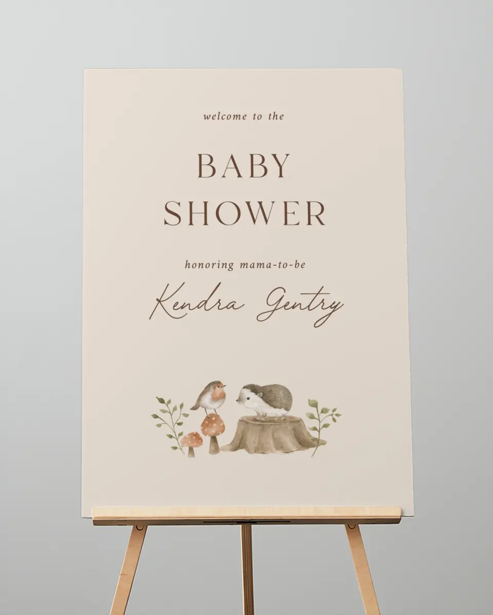 This is a 20" x 28" Welcome Baby Shower Sign called Enchanting Forest printed in full color