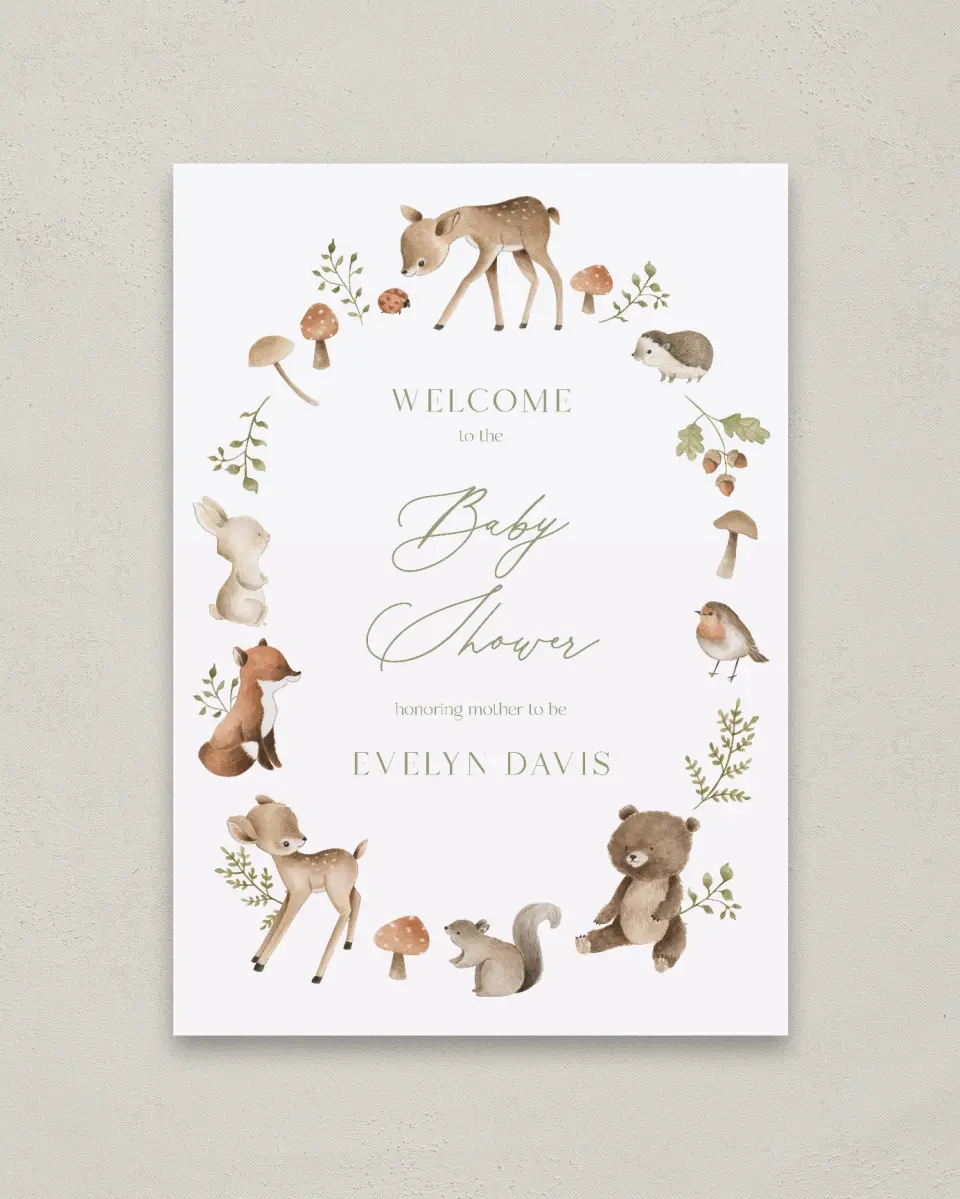 This is a 20" x 28" Welcome Baby Shower Sign called Woodland Wonder printed in full color