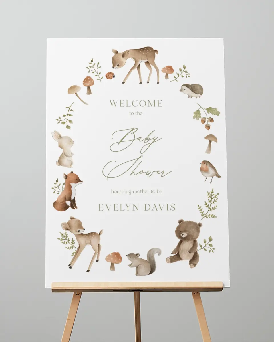 This is a 20" x 28" Welcome Baby Shower Sign called Woodland Wonder printed in full color