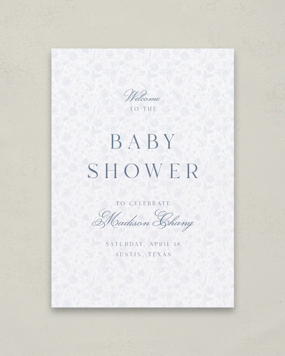 This is a 20" x 28" Welcome Baby Shower Sign called Blissful Blooms printed in full color