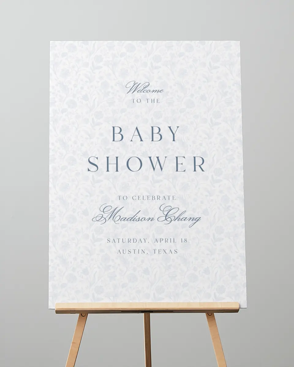 This is a 20" x 28" Welcome Baby Shower Sign called Blissful Blooms printed in full color