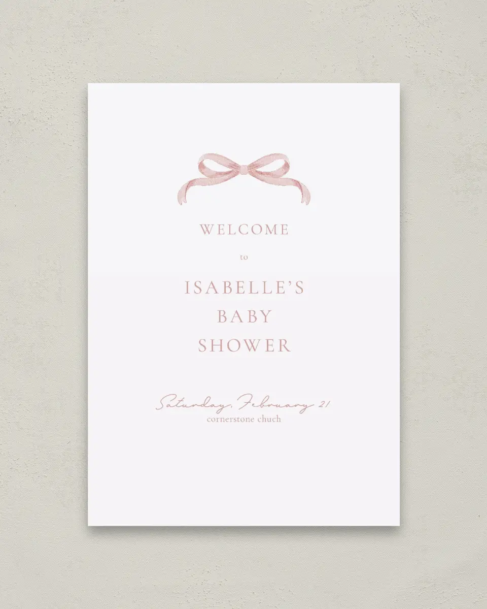 This is a 20" x 28" Welcome Baby Shower Sign called Bitty Bow printed in full color