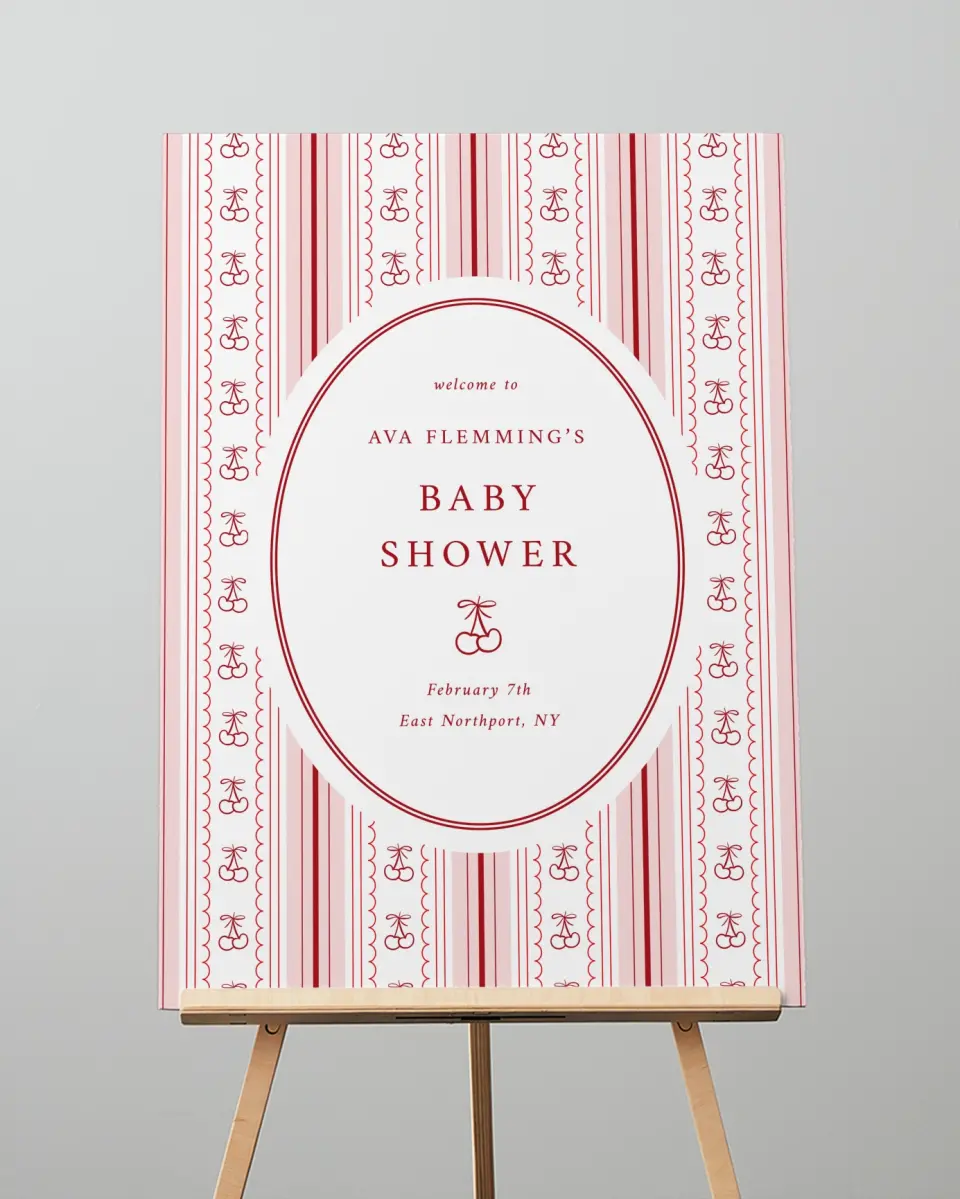 This is a 20" x 28" Welcome Baby Shower Sign called Coquette Cherries printed in full color