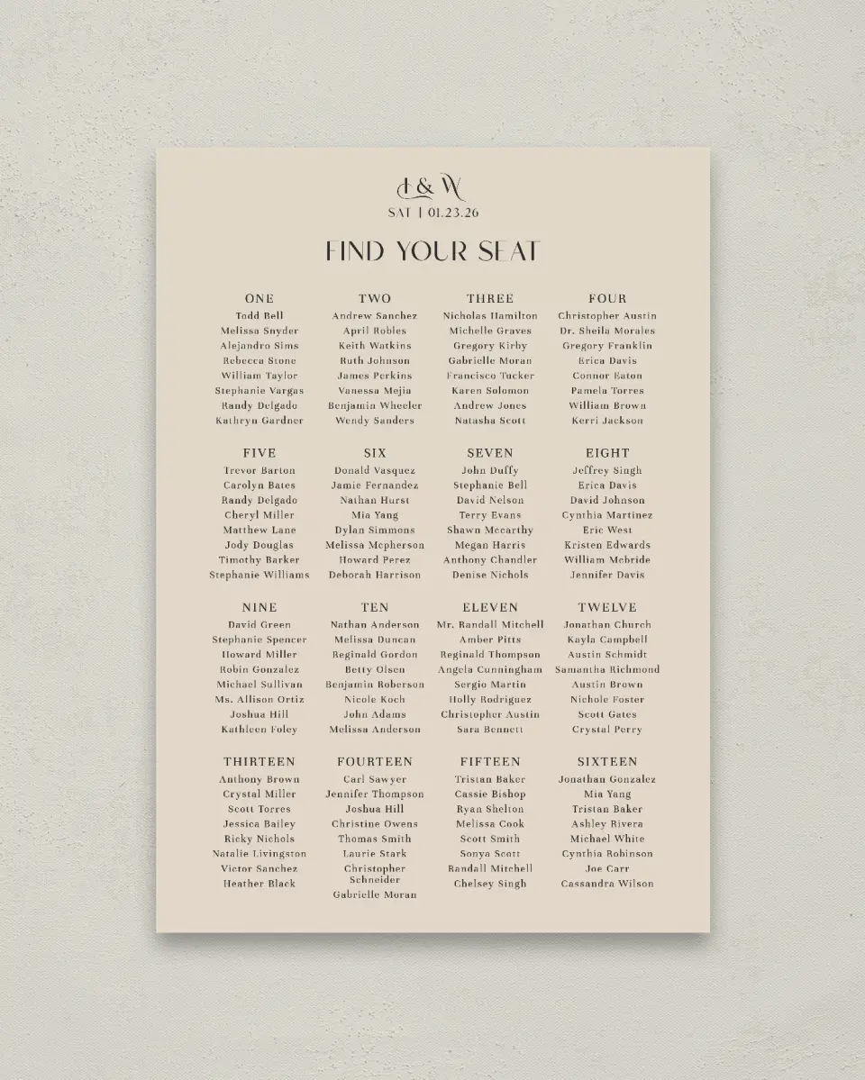 This is a 20" x 28" Seating Chart Sign called Winter Wildflowers printed in full color
