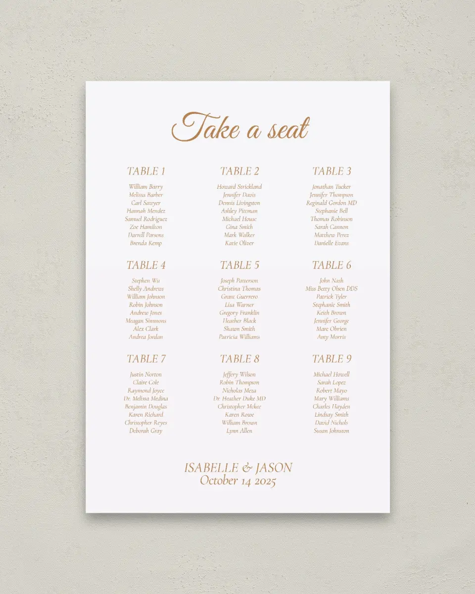This is a 20" x 28" Seating Chart Sign called Elegant Autumn printed in full color