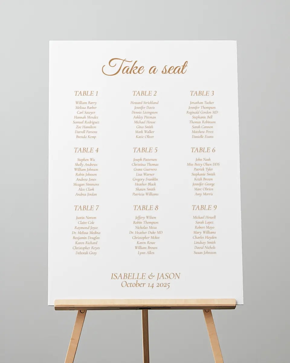 This is a 20" x 28" Seating Chart Sign called Elegant Autumn printed in full color