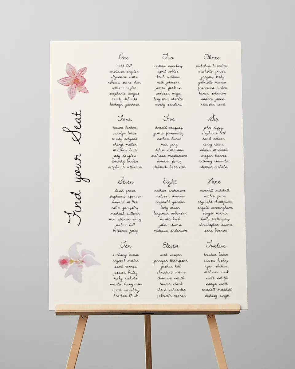 This is a 20" x 28" Seating Chart Sign called Forever Bud printed in full color