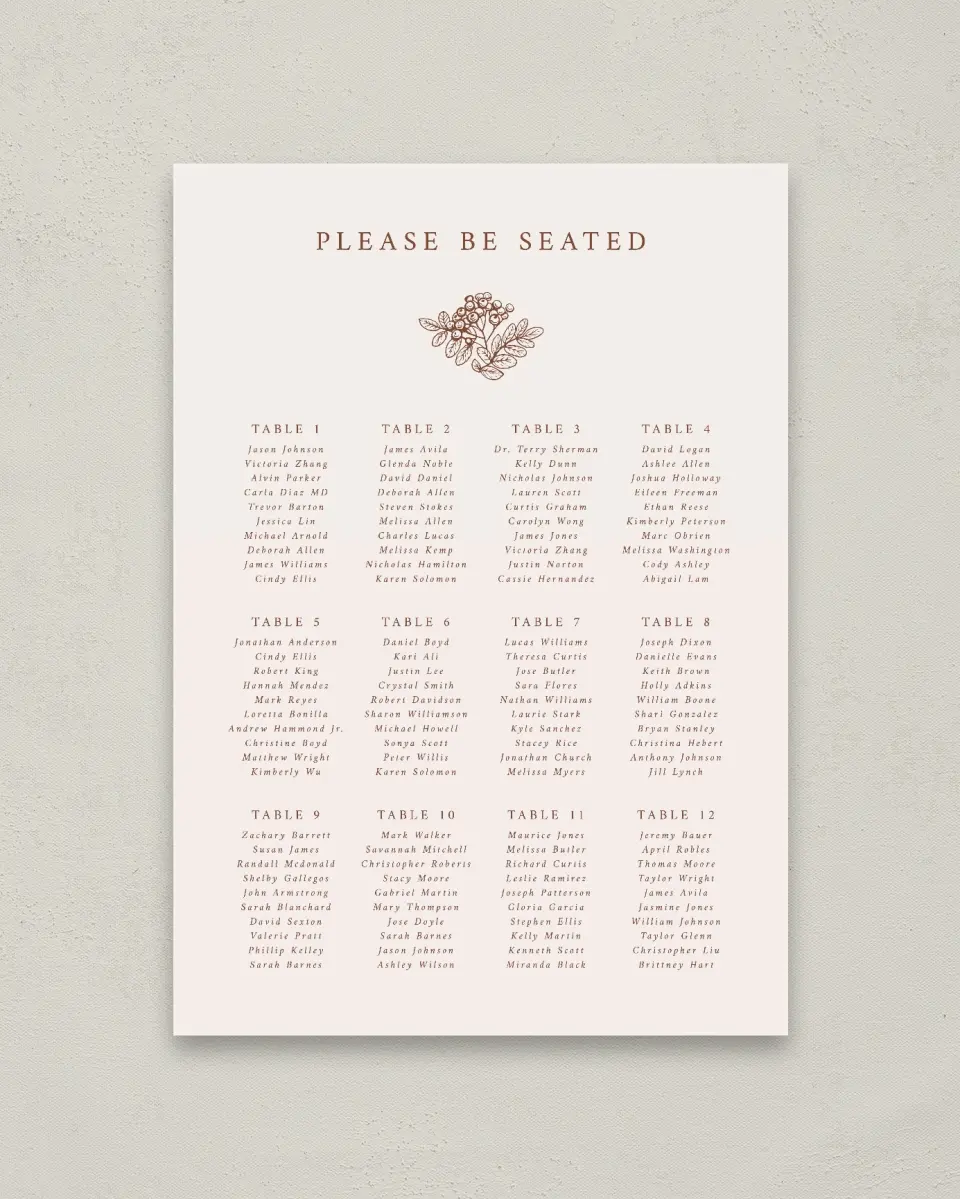 This is a 20" x 28" Seating Chart Sign called Autumn Vow printed in full color
