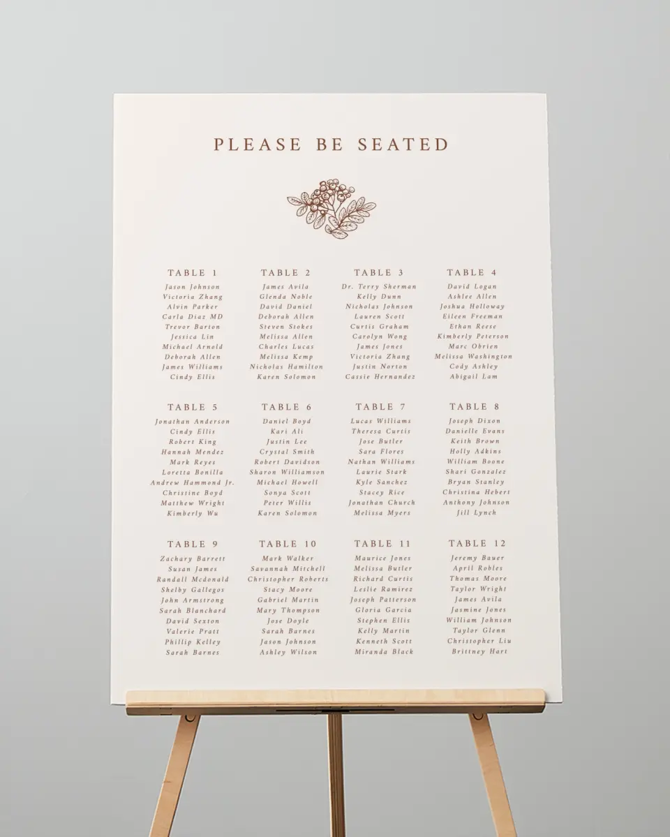 This is a 20" x 28" Seating Chart Sign called Autumn Vow printed in full color