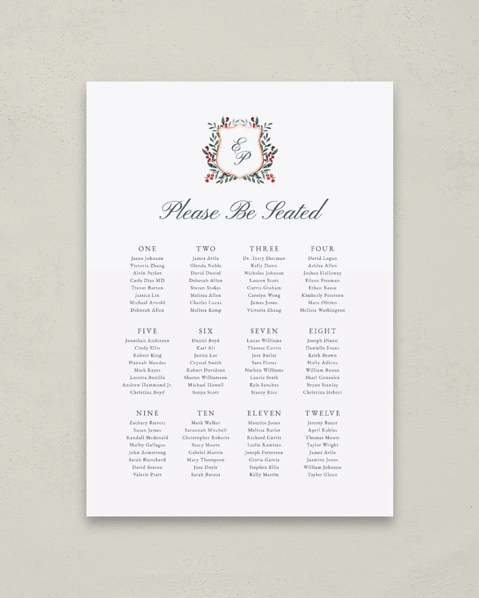 This is a 20" x 28" Seating Chart Sign called Heirloom Holly printed in full color