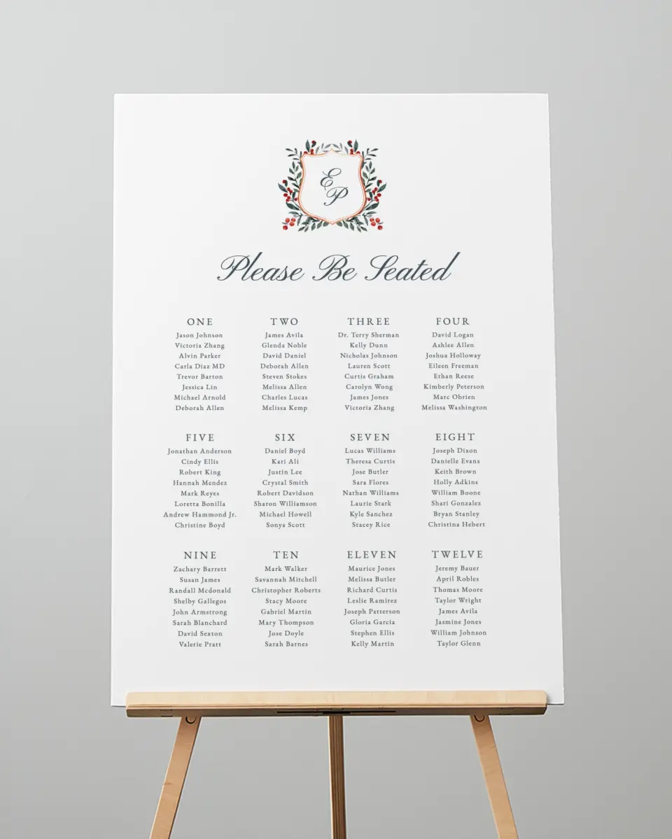 This is a 20" x 28" Seating Chart Sign called Heirloom Holly printed in full color