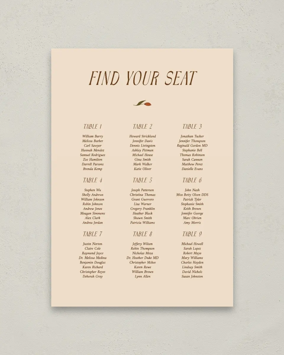 This is a 20" x 28" Seating Chart Sign called Wild + Bright printed in full color