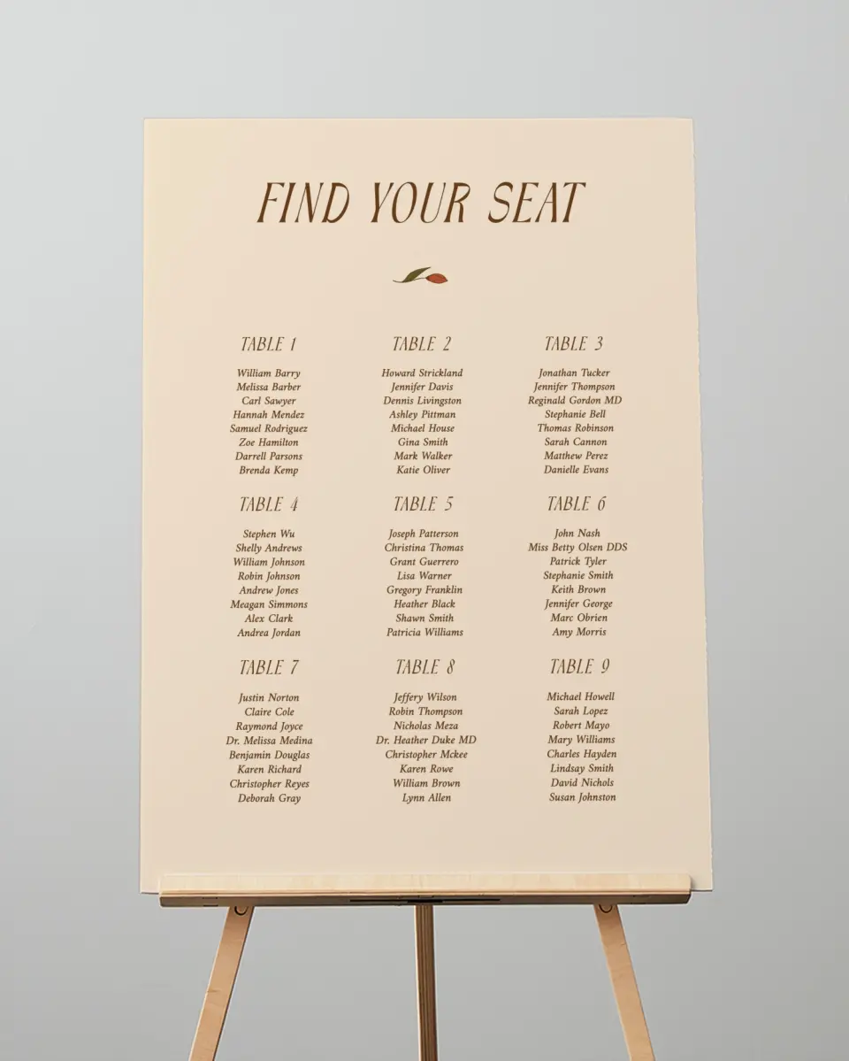 This is a 20" x 28" Seating Chart Sign called Wild + Bright printed in full color
