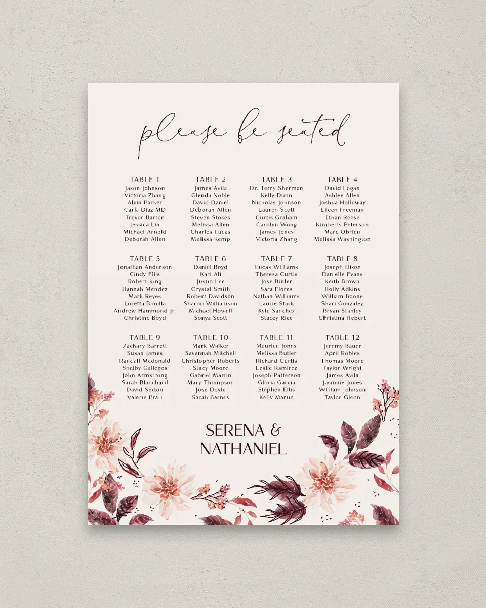 This is a 20" x 28" Seating Chart Sign called Fall Florals printed in full color