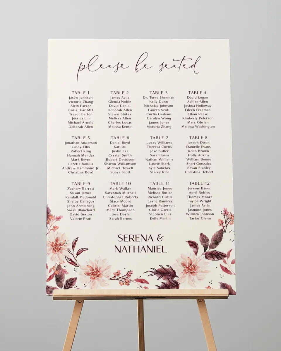 This is a 20" x 28" Seating Chart Sign called Fall Florals printed in full color