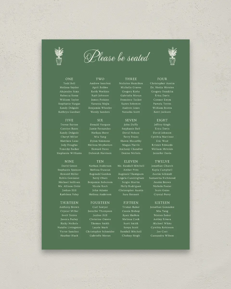 This is a 20" x 28" Seating Chart Sign called Warwick printed in full color