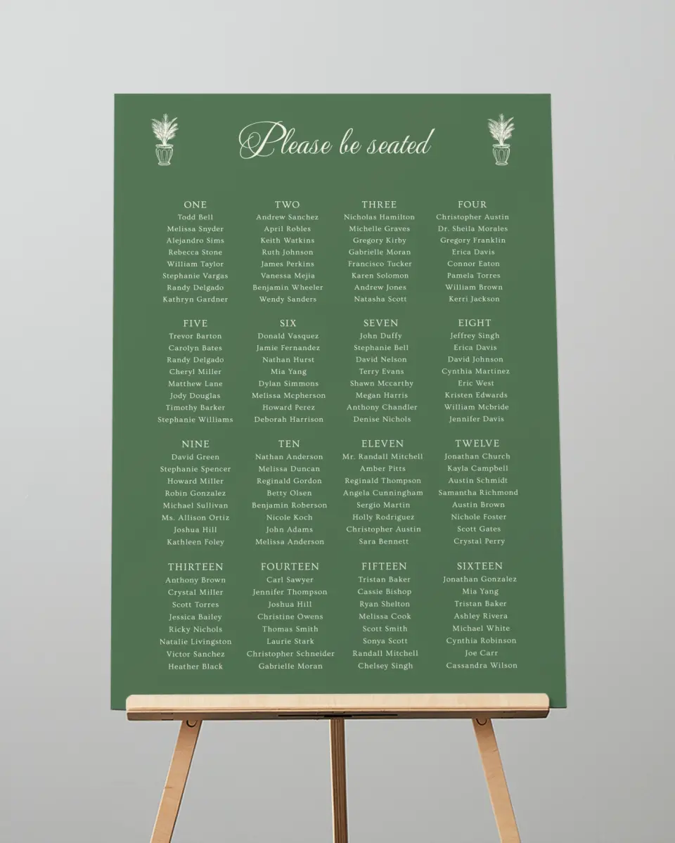This is a 20" x 28" Seating Chart Sign called Warwick printed in full color